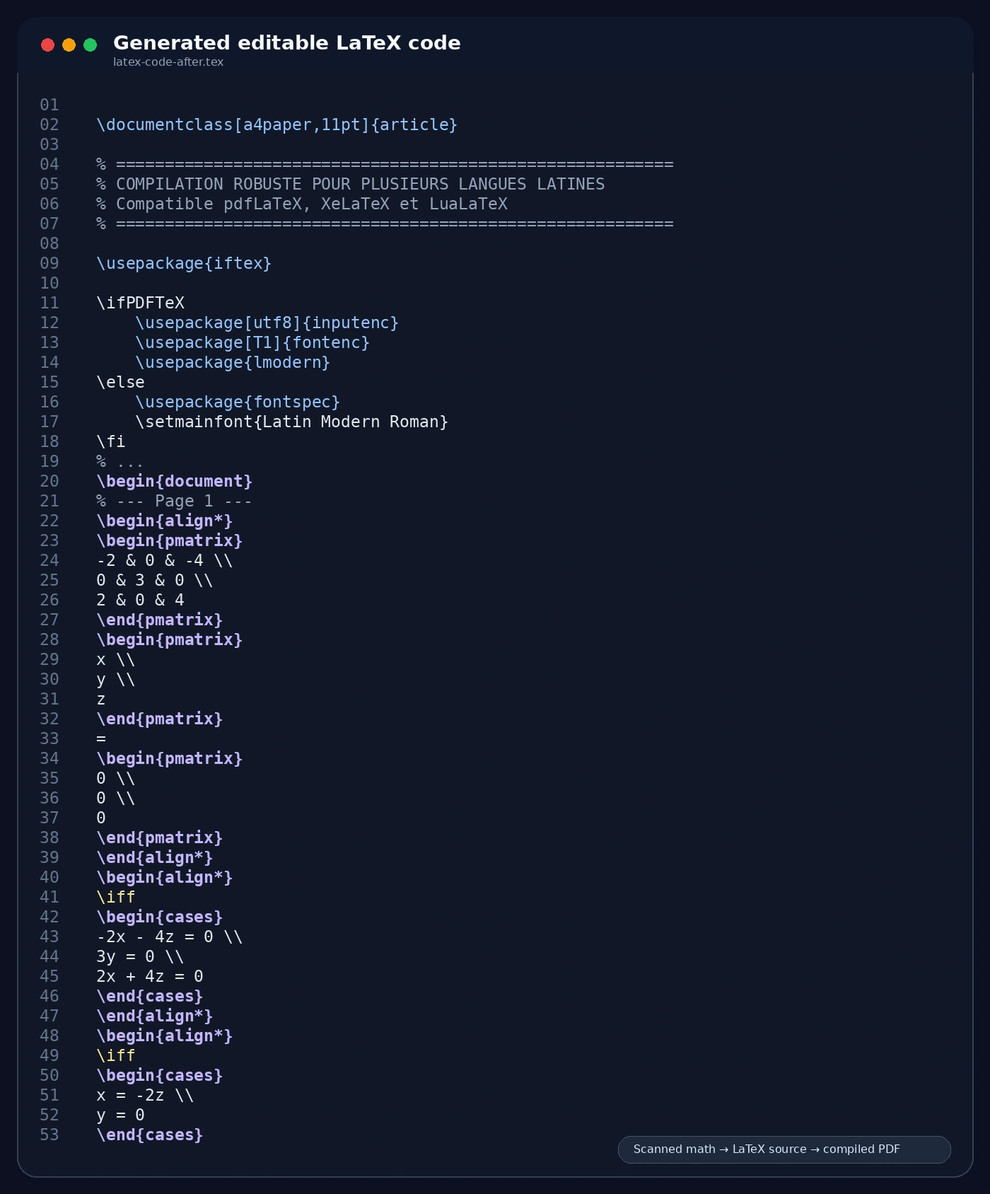 Generated editable LaTeX code after handwritten math OCR conversion